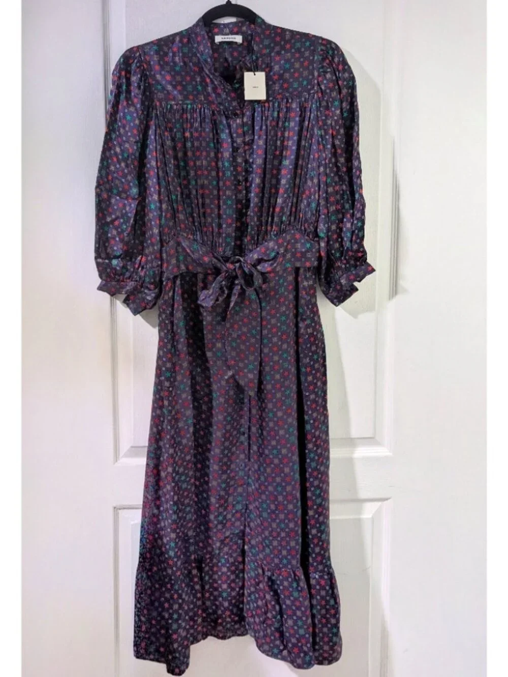 Sandro Paris | Scarf Print Midi Dress In Navy - Picture 5 of 16